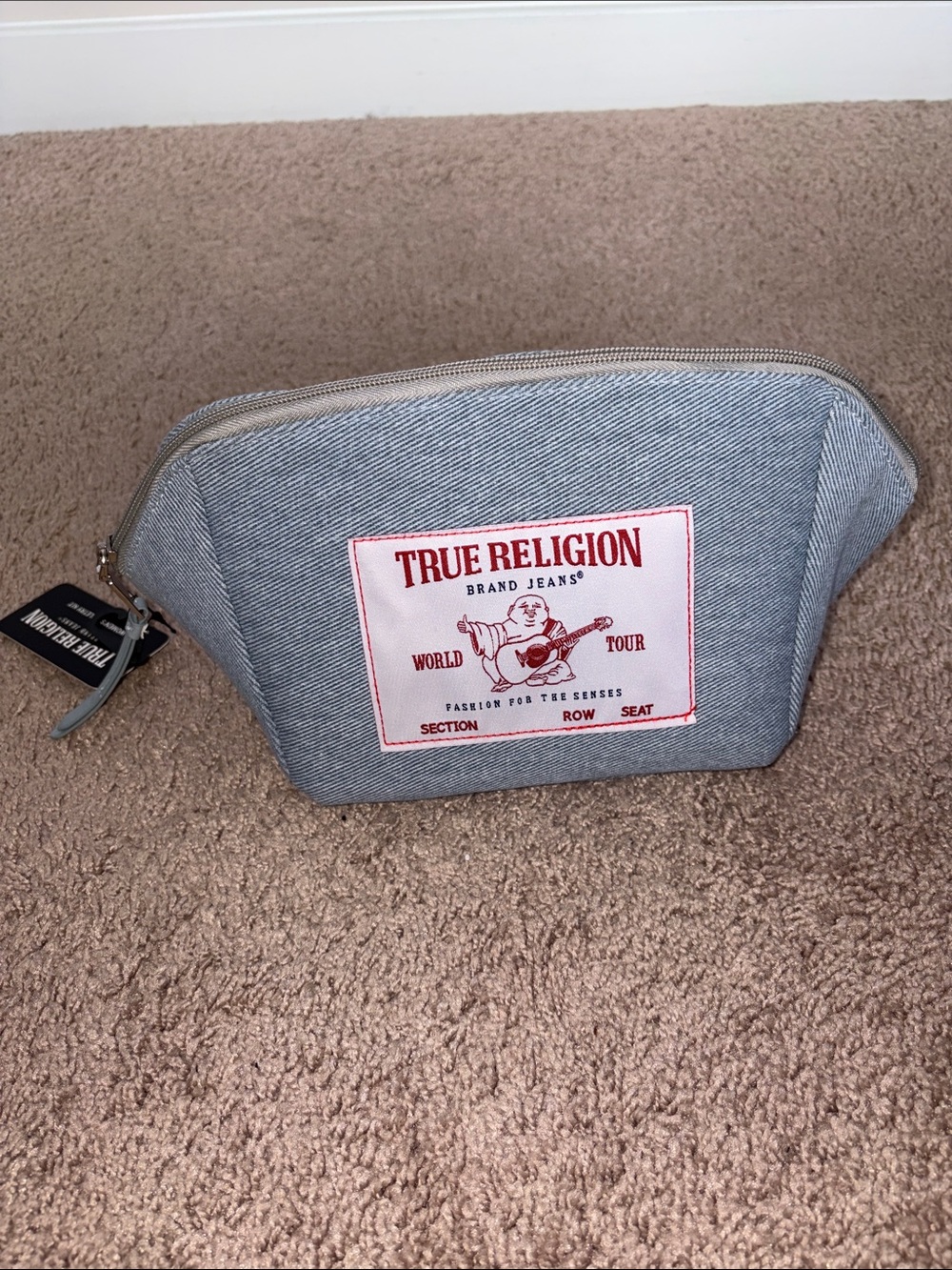 True Religion Light Blue Denim Toiletry Pouch with Red Logo Patch